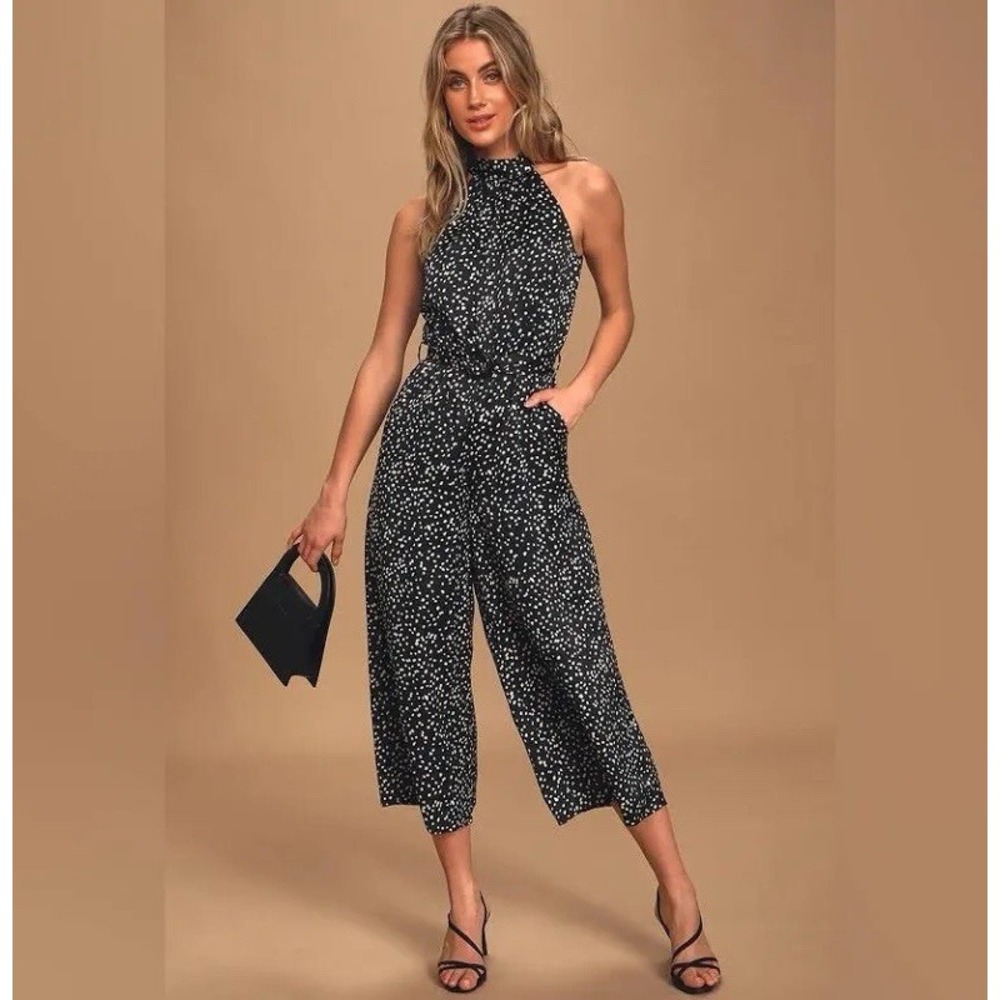 Lulus Jumpsuit Singing Black Polka Dot Satin Wide Leg Sleeveless Size S